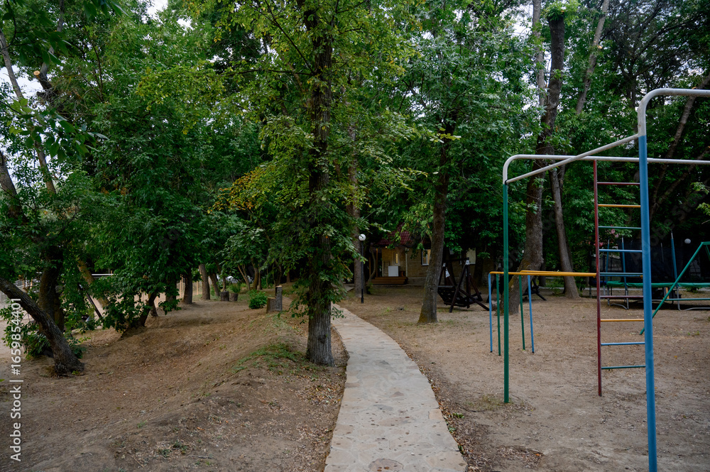 Fototapeta premium Children's playground with a view of the house and slide in the park