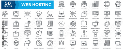 Web Hosting icon collection set. Containing server, website, data center, internet, programming, coding, big data, computer, technology, worldwide traffic icon. Simple black outline vector 