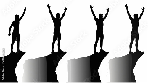 Silhouettes of four men standing on cliffs with arms raised in a victorious or celebratory gesture