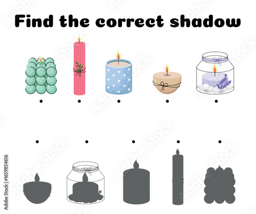 Shadow matching puzzle featuring decorative candles in various styles including bubble, pillar, jar, bowl, and scented designs for kids visual learning and cozy-themed activities