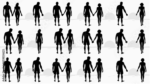 Silhouettes of couples holding hands and walking on a beach in a repeating pattern against a white background