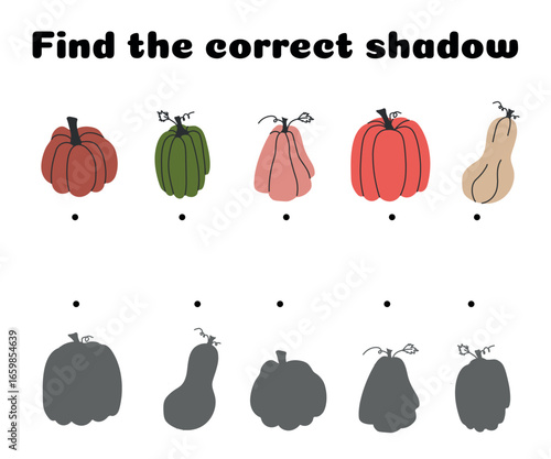 Shadow matching puzzle featuring various pumpkins and gourds with unique shapes and stems for fall learning, kids activities, and visual logic games