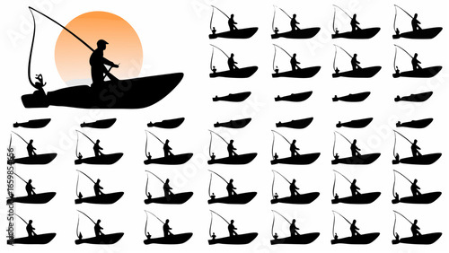 Silhouette pattern showing a fisherman in a boat with a fishing rod against a sunset background image