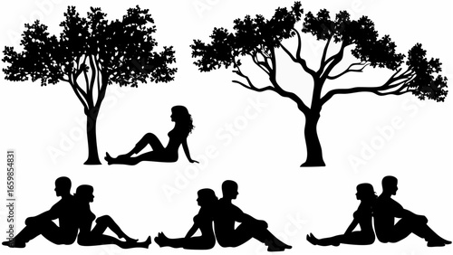 Silhouettes of people sitting under trees in various poses and a woman sitting alone under a tree casting shadow