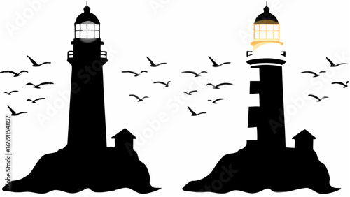 Silhouette of two lighthouses on rocky outcrops with a flock of birds flying around them in the sky above