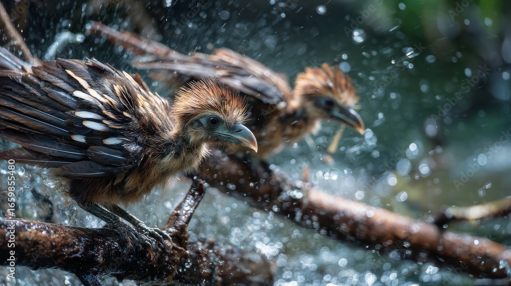 Obraz premium Two young birds with brown and white feathers perched on a branch surrounded by splashing water droplets in a natural wet environment