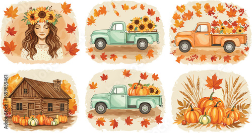 Autumn watercolor clipart set, vintage trucks, sunflowers, pumpkins, fall leaves, cozy cabin, farmhouse harvest decor, seasonal illustration