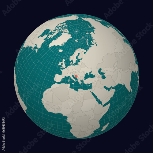 Bosnia and Herzegovina on the map. Globe centered to Bosnia and Herzegovina. Country location on the world map. Teal Pale Mint color palette. Globe with countries, meridians and parallels.