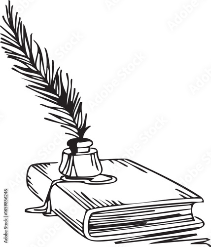 Black and white illustration of closed book with feather quill in ink bottle symbolizing classic writing and literature