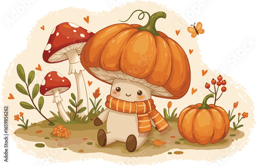 Cute autumn mushroom character with pumpkin hat, fall leaves, cozy scarf, butterflies, whimsical forest scene, cartoon illustration, seasonal art, adorable design, warm colors