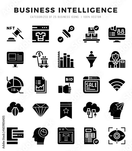 Set of Business Intelligence Icons Glyph icons collection.