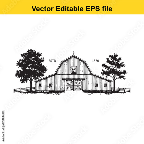 Old wooden barn with trees and fence, vintage farm illustration
