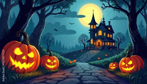 Glowing Halloween pumpkins sitting along a road to haunted mansion in the woods under a cloudy moonlit night.