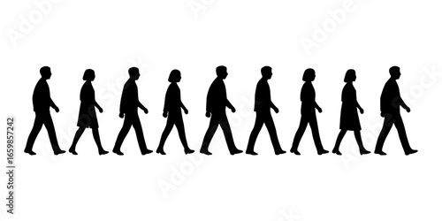 Row of Walking Human Silhouettes Representing Movement, Progress, and a Crowd of People in a Simple and Unified Graphic Style for Various Design Purposes