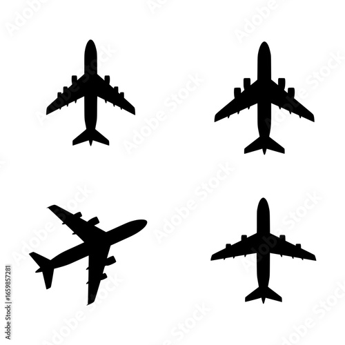 black airplane silhouettes are arranged on a clean white background, each depicted from a top-down perspective, showcasing variations in wing and engine configurations for aviation themes