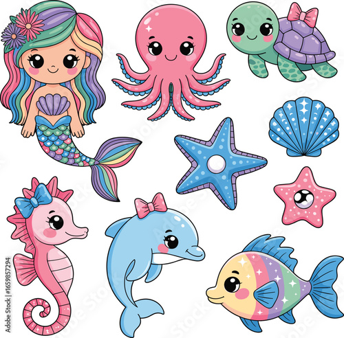 Kawaii mermaid sticker set, ocean animals clipart, cute sea creatures, pastel sea life, digital download, underwater theme