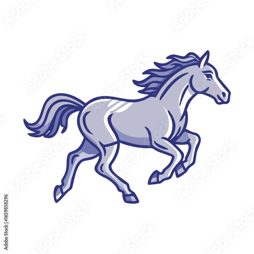 Stylized blue illustration of a galloping horse on a white background
