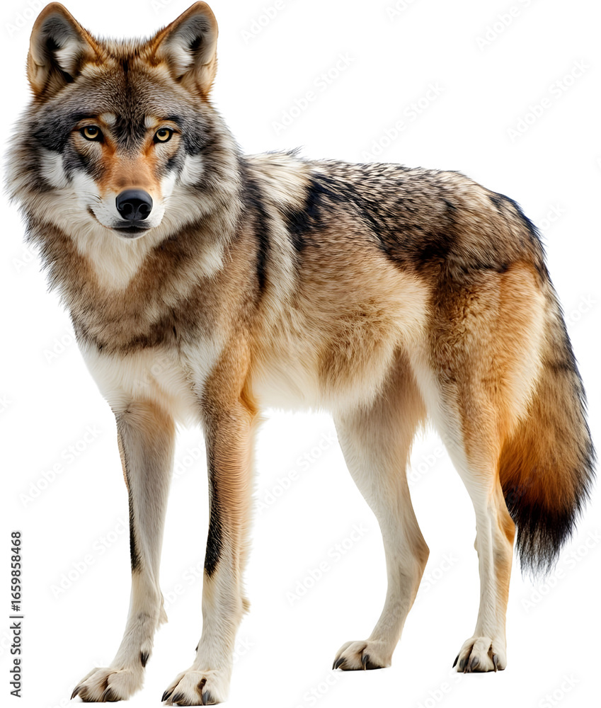 Fototapeta premium A lone gray wolf with tan and black fur stands alert on a black canine transparent background