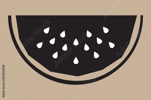 Stylized slice of watermelon with black flesh and white seeds
