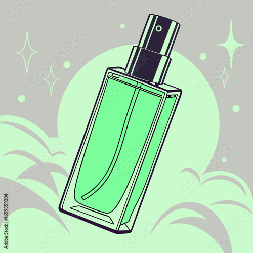 Elegant perfume bottle with a light green liquid in an artistic dreamy style 