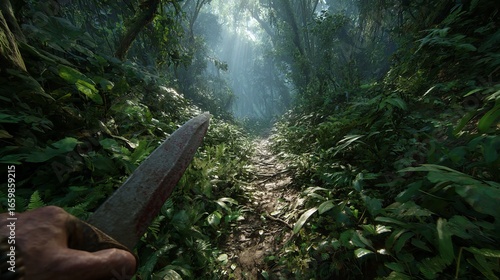 First-person view of a dense tropical jungle path illuminated by dappled sunlight with a hand holding a large sharp machete