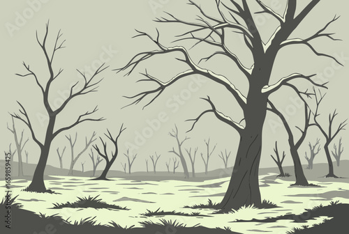 Silhouette trees and bare trees against an overcast sky 