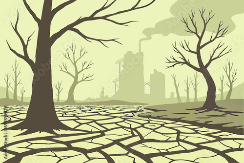 Environmental disaster: Dry cracked land with dead trees, factory polluting the air