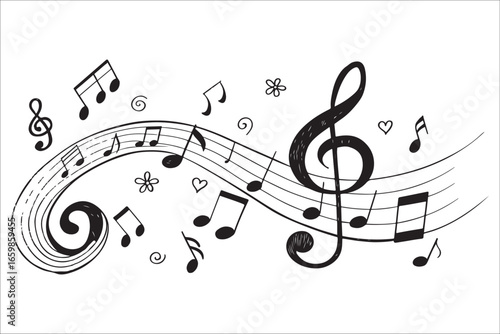 Musical notes flowing across staff lines silhouette