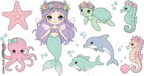 Mermaid princess sticker pack, pastel sea creatures clipart, shell mermaids, ocean fairy tale art, underwater digital download