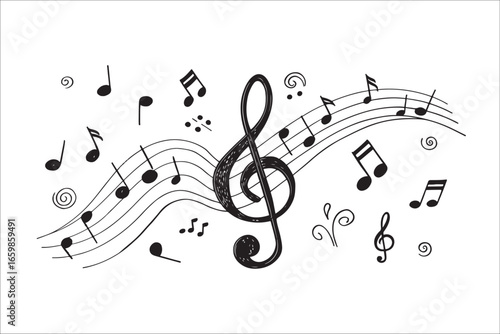 Musical staff with treble clef and notes silhouette