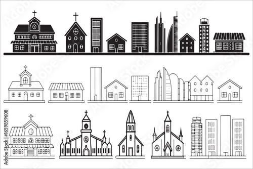 Diverse architectural styles cityscape silhouette collection silhouette
