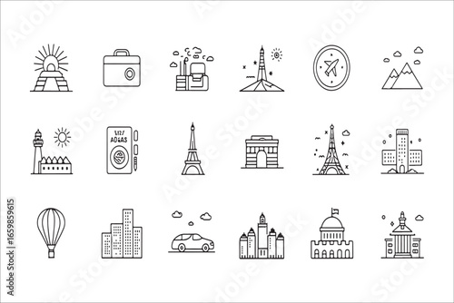 Collection of abstract line art icons for travel silhouette