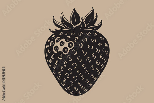 Vintage illustration of a single dark strawberry with seeds on a beige background