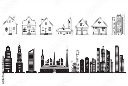 Diverse architectural styles silhouette collection silhouette