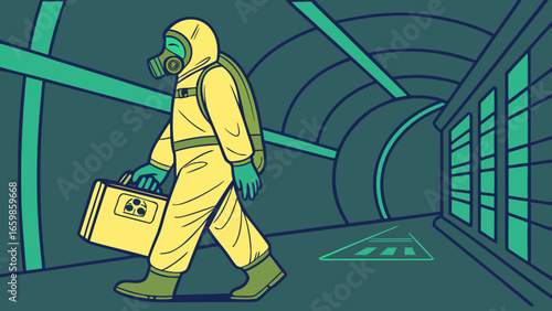 A person in protective suit walking through a tunnel with dangerous objects