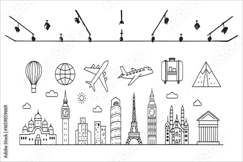 Iconic world landmarks and travel elements collection silhouette