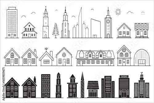 Diverse city buildings architecture collection artistic rendering silhouette