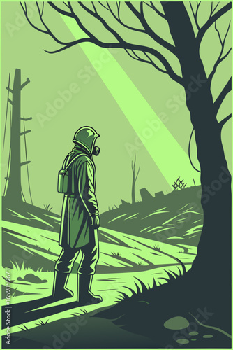 A lone survivor in a post-apocalyptic world, seeking hope and safety amidst destruction