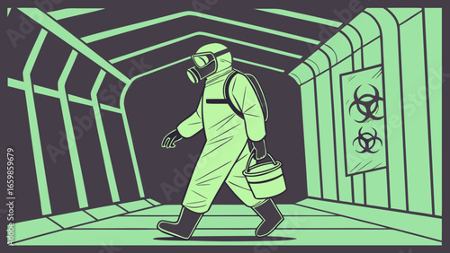 Scientist in hazmat suit walking in a corridor, biohazard symbols