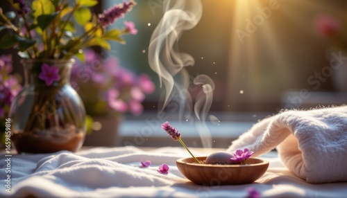 soft glowing spa scene, lavender essential oil aroma drifting in air, calming brain pathways and easing stress, cinematic realism, warm light tones, natural health atmosphere focused on emotions.
