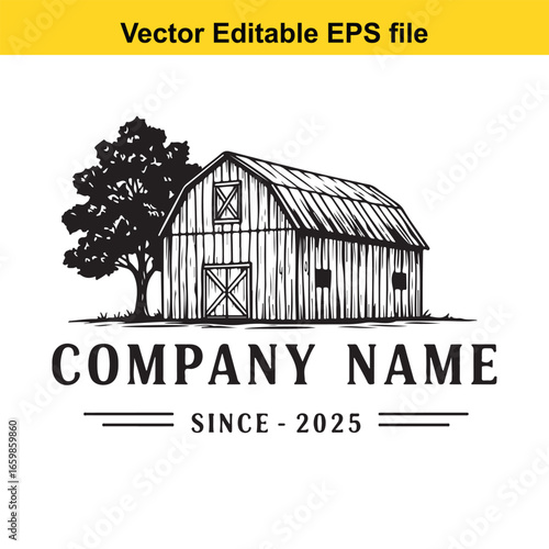 Vintage barn with a tree and text, isolated on white background