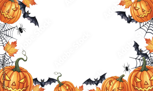 Halloween themed border with jack-o'-lanterns, bats, spiders in webs, and autumn leaves arranged around a white central space.