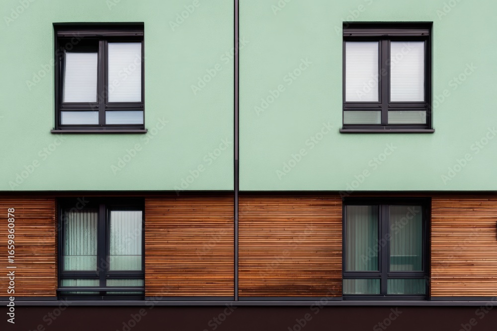 Fototapeta premium Modern architecture showcases a green building with wooden accents and large windows, highlighting contemporary design elements and urban aesthetics