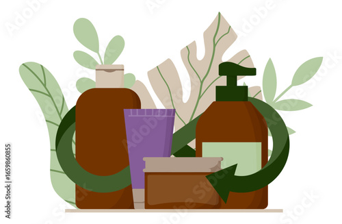 Cosmetic containers with recycle arrows and leaves isolated on white. Sustainable skincare concept with refill and reusable packaging for natural, organic, clean beauty and eco conscious branding