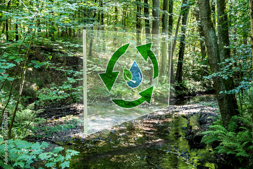 Translucent overlay shows a recycling triangle around a water droplet and leaf above a forest stream. Highlights water cycle, environmental protection, sustainable resources, ecosystem vitality.