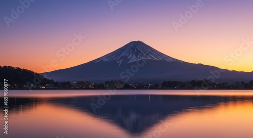 The iconic Mount Fuji in Japan, captured across seasons: with cherry blossoms in spring, snow-covered peak in winter, glowing sunset reflections on lakes. A perfect symbol of Japan’s natural beauty.