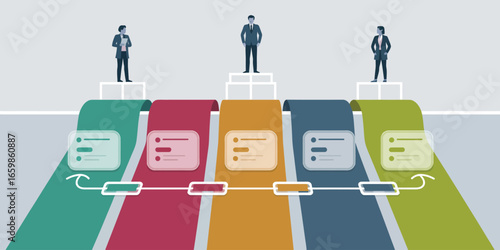 Three business people standing on pedestals above colorful paths with connected information cards