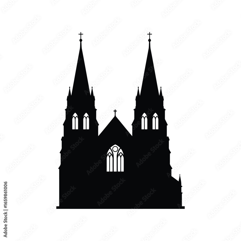 Obraz premium Silhouette of a majestic gothic cathedral with spires against a stark white backdrop vector