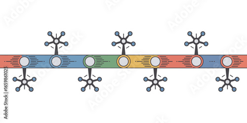 A colorful horizontal bar with circles and molecular structures on a white background illustration