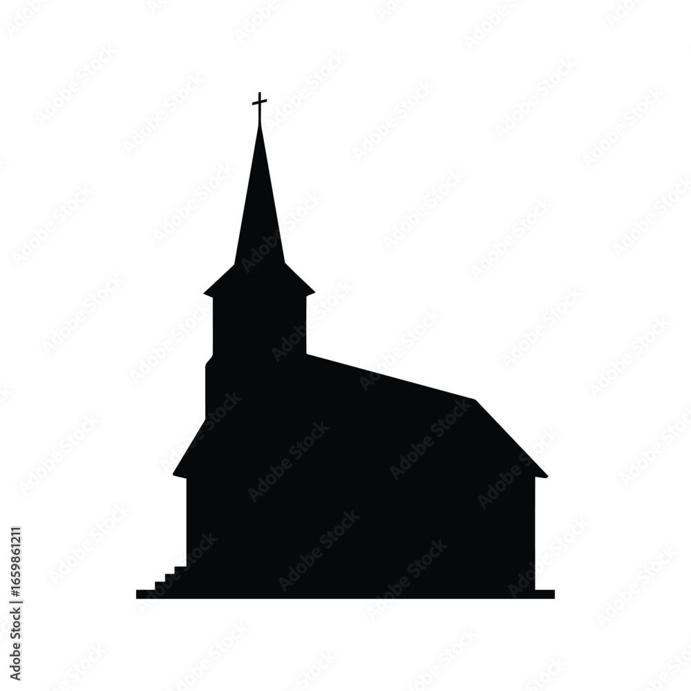 Fototapeta premium Silhouette of a traditional church building with a steeple and cross religious landmark vector